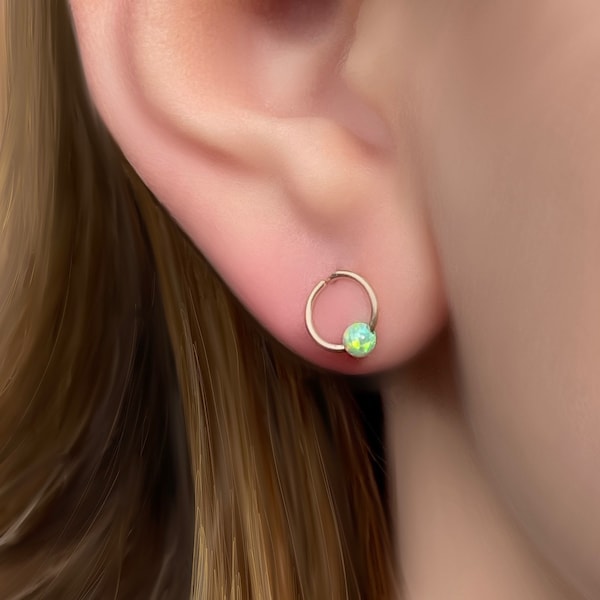 Mint green opal earrings, Circle simple studs, Dainty minimalist stud earrings, dot studs, circle opal studs