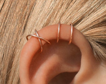Ear cuff X line set, Rose gold filled Criss cross cuff, Helix fake piercing, upper ear piercing cuff