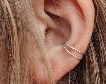 Double Silver Ear Cuff, Fake Piercing Ear Wrap, Minimalist Ear Cuff, Delicate Ear Cuff