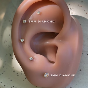 Cartilage diamond stud, Flat back diamond labret, Push threadless implant grade titanium labret, 24k gold titanium, LP2620G, LP3620G