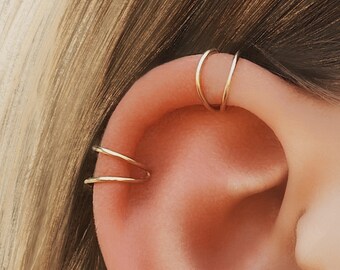 Valentines Day, Double Cartilage cuff, Gold teeny cuff upper ear, Line Helix piercing, tiny fake piercing, Moon Nose Cuff