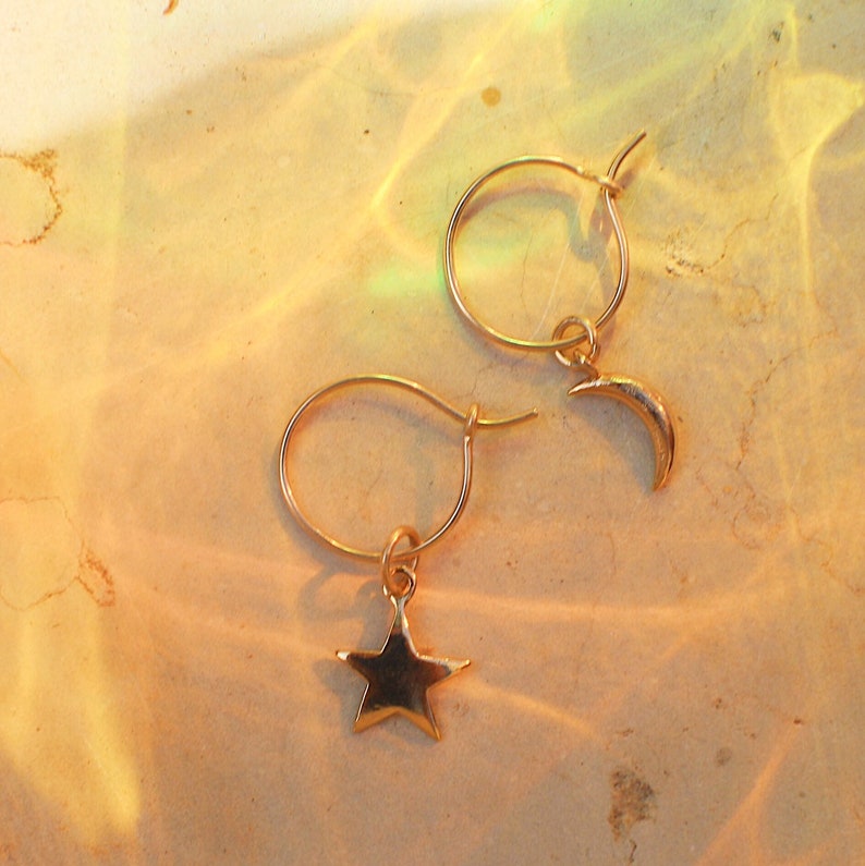 Moon star hoop Gift for her 14 k gold filled earrings tiny hoop earrings dainty celestial hoops