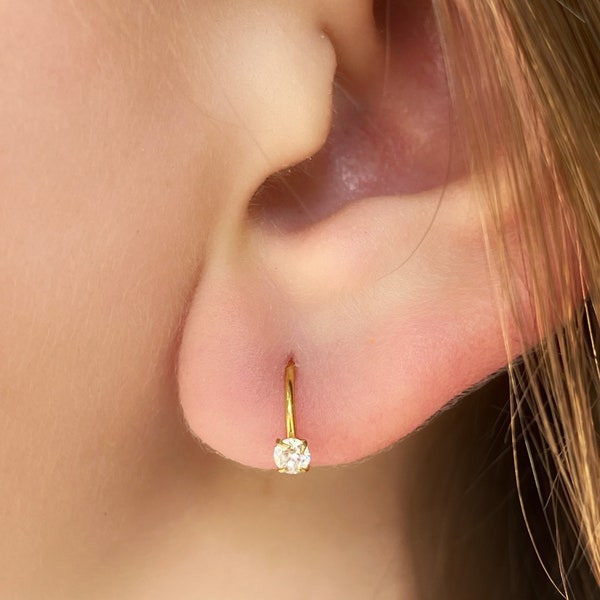 Ear huggie jacket, Diamond gold hoop, 14k gold filled threader earrings, open hoop in gold, simulated diamond