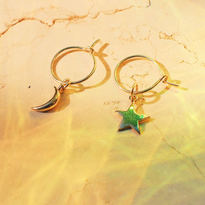 Moon star hoop Gift for her 14 k gold filled earrings tiny hoop earrings dainty celestial hoops