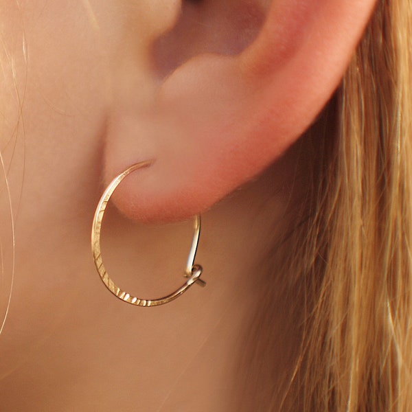 Gold Day-To Earrings, Thin Tiny Hoops, Romantic Gold Earrings, Simple Hammered Hoops, Mother  Sister Gift