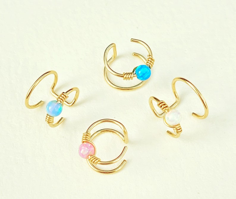 Double Ear cuff, Opal Ear Cuff, Fake Piercing, Gold Cartilage Cuff, No Piercing, Valentines Day gift image 9