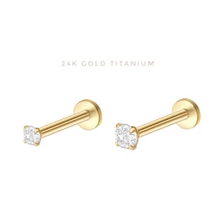 Flat back labret 20 gauge, 24k gold titanium, Implant grade titanium nose stud, Push in labret