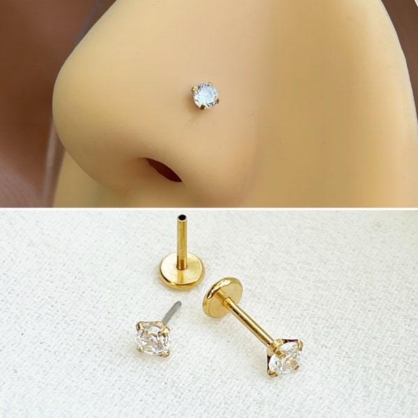 24k gold tiny nose diamond flat back stud, Threadless push in labret, 3mm diamond nose stud, 20 gauge nose stud, 6mm bar piercing