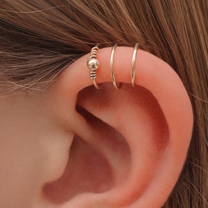 Triple bead cuff, Gold ear cuff, Fake piercing, 14 k Gold filled ear cuff, No piercing ring, gift for her