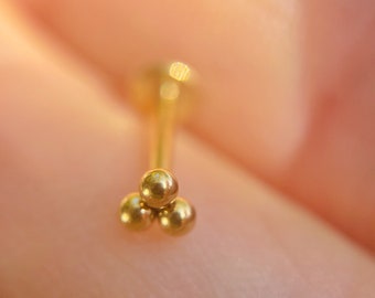 24k Gold titanium labret, triple ball flat back screw piercing, 16 gauge implant grade labret, 8mm bar piercing