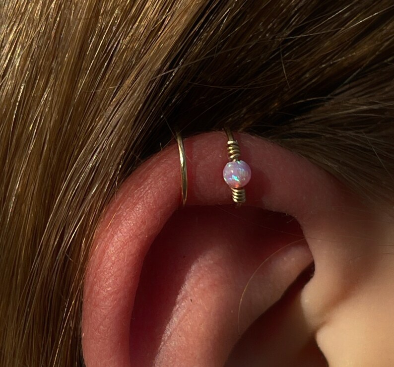 Double Ear cuff, Opal Ear Cuff, Fake Piercing, Gold Cartilage Cuff, No Piercing, Valentines Day gift image 10