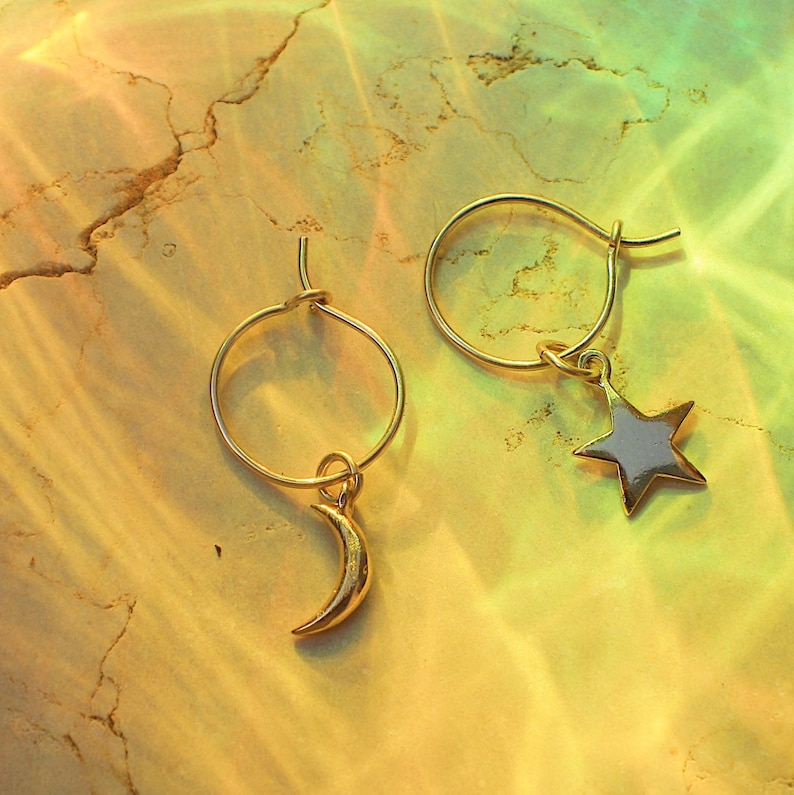 Moon star hoop Gift for her 14 k gold filled earrings tiny hoop earrings dainty celestial hoops