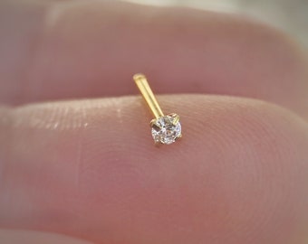 2mm tiny diamond nose stud, 20 gauge Solid gold 9k, Simulated diamond nose piercing, Gift for her