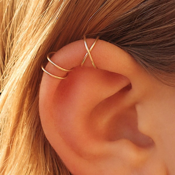 Criss cross ear cuff, Double gold ear cuff, Fake piercing, Set of two, 14 k gold filled Cartilage No piercing