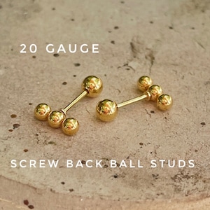 Triple bead gold studs, No poke 20 gauge screw ball back stud, sterling silver gold plated ear studs, 34850G
