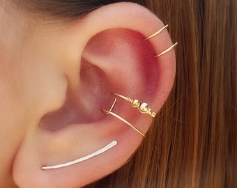 Line earring Conch cartilage cuff set, Huggie ear cuff, 14 k gold filled, Set of cuff and ear climbers, Fast shipping