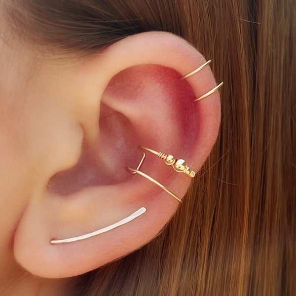 Line earring Conch cartilage cuff set, Huggie ear cuff, 14 k gold filled, Set of cuff and ear climbers, Fast shipping