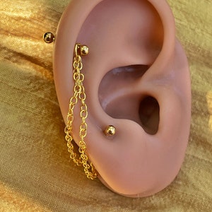 2 Barbell with chain, Cartilage stud with chain, Stainless steel PVD Gold, Gold chain extension, 83760G