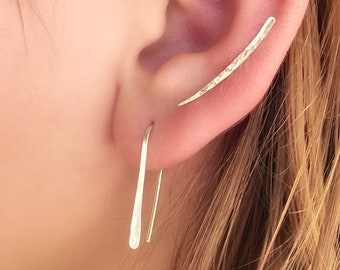 Silver long earring stud for second hole, Silver hammered line earring