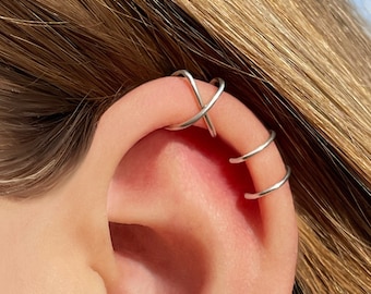 Set Of Two Earcuff Set, Sterling Silver Cross X Cuff, Fake Helix Piercing, Dainty Ear Wrap