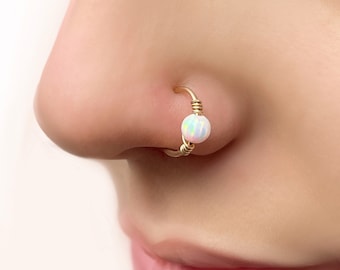 Opal nose ring, Nose piercing, Gold fire opal piercing, Piercing nose ring, Boho style, opal 4mm ring