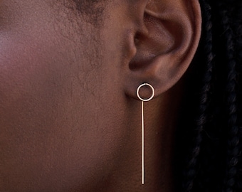 Gold ear jacket, Circle ear pin, Geometric threader earrings, Minimalist pull through earrings, Next day shipping