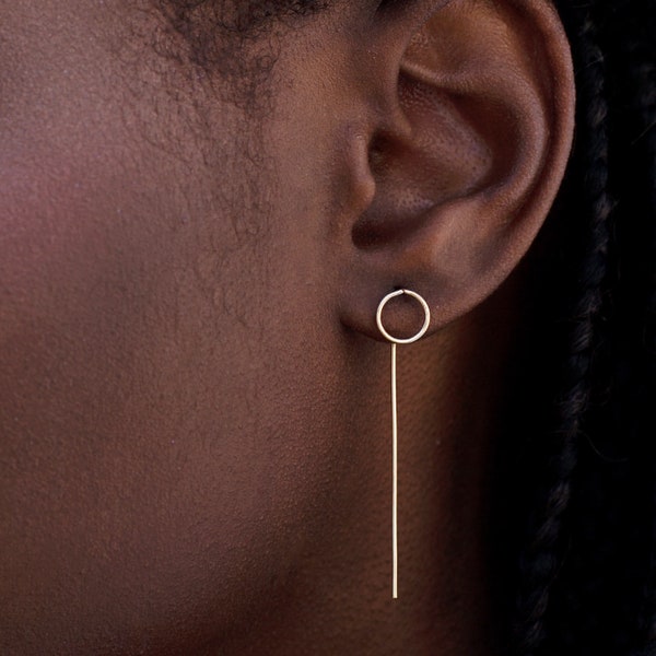 Gold ear pin, Circle ear pin, Geometric threader earrings, Minimalist pull through earrings, Next day shipping