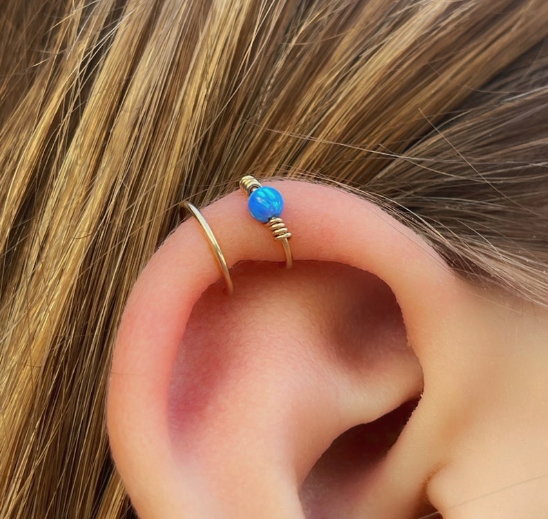 Double Ear cuff, Opal Ear Cuff, Fake Piercing, Gold Cartilage Cuff, No Piercing, Valentines Day gift image 4