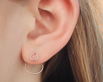 Gold ear jacket, Cute circle studs, 14k gold filled Threader earrings, Double circle ear pin