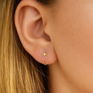 Huggie Open Hoops, 14k Gold Filled Dot Huggie Hoop Earrings: Tiny Threader Studs, 8834