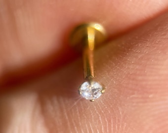 24k Gold titanium labret, Threadless labret, Tiny  cartilage diamond flat back stud, 16 gauge gold barbell, 6mm bar piercing
