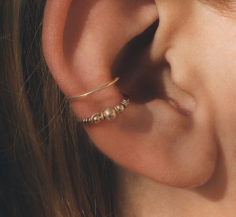 Manchette double conque orbitale, faux piercing supérieur, bijou d'oreille en or 14 carats, sans piercing image 1