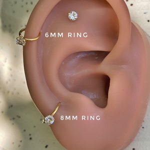 Cartilage diamond ring, 14k gold simulated diamond earring, Gold diamond sleepers, 6mm, 8mm ring, Dia ring