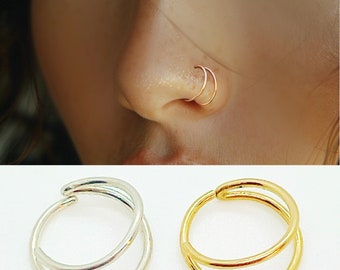 Double Nose Ring, 20 gauge Moon Nose Hoop,  Double Ring For Single Piercing