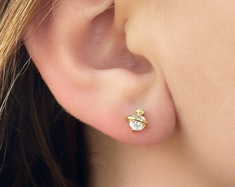 Planet gold studs, Saturn earrings, 24k gold plated, April birthstone earrings, Lab grown diamond studs