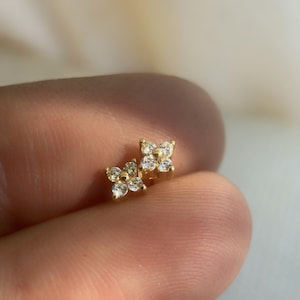 Micro 4 petal studs, Lab created diamond studs, Silver diamond earrings, Gold plated silver earrings
