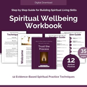 Op de afbeelding: Een digitaal werkboek voor spiritueel welzijn met een stapsgewijze handleiding voor het opbouwen van spirituele levensvaardigheden. De set bevat 35 printbare pagina's en 12 evidence-based spirituele oefentechnieken, met tekst die de inhoud en structuur van het werkboek beschrijft.