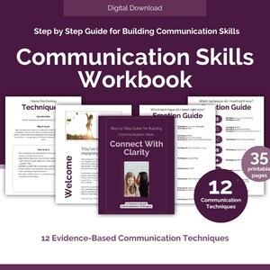 Può includere: Un manuale digitale di abilità comunicative con 35 pagine stampabili e 12 tecniche basate su prove di efficacia. La copertina riporta il titolo Connect With Clarity e l'immagine di due persone che sussurrano, con altre pagine di guida.