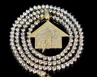 Iced Out Mens Trap House Power Plug Gold Finish Custom Bling Hip Hop//Rap Pendant