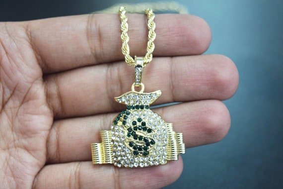 White Gold-Tone Hip Hop Bling Iced Out Black Wealth Pendant with 18 Tennis Chain and 24 Rope Chain