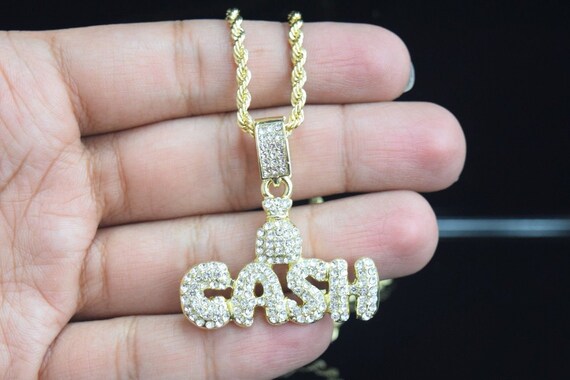 14k Gold Finish Iced Out Hip Hop Cash Money Bag Pendant Charm With 24 Rope Chain - 