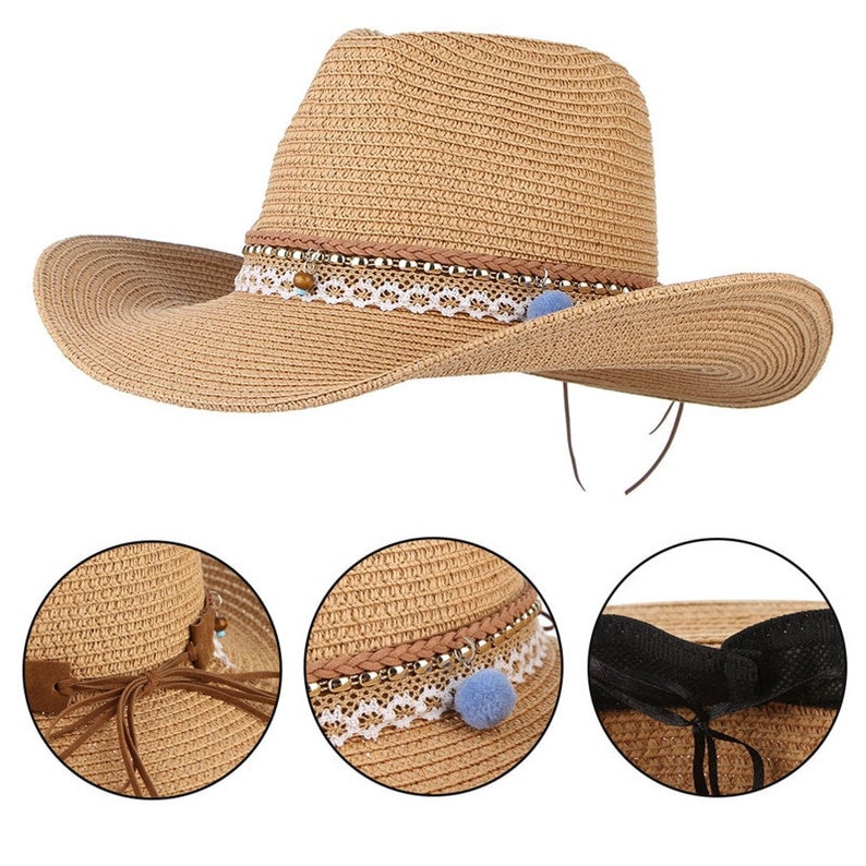 Vintage Boho Summer Hats For Women Wide Brim Straw Hat Western Cowboy Cowgirl Jazz Hat Men Beach Visor Sun Cap Adjustable