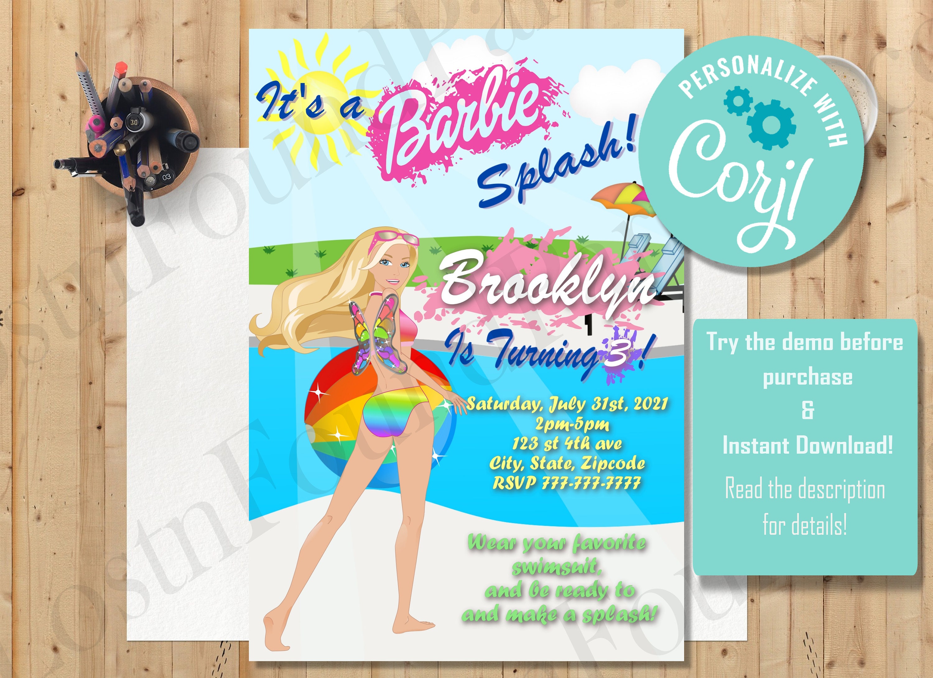 barbie-invitation-barbie-birthday-barbie-pool-party-etsy