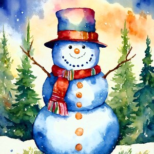 May include: A blue snowman with a red and white striped scarf and a red and blue top hat stands in a snowy landscape with two green pine trees in the background. The sky is a watercolour of blue, purple, and orange.