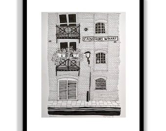 Original drawing of St Andrew's Wharf, Shad Thames – old London warehouse wharf