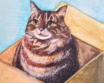 箱入りのトラ猫のグリーティングカード