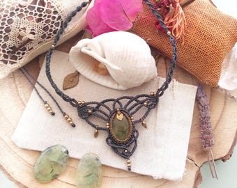 Malachite stone choker/macrame stone necklace/ethnic bohemian jewelry/green malachite necklace/crystal jewelry/hippie