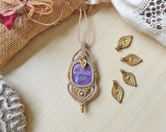 Pendentif macramé élégant avec pierre lilas/pendentif hippie pour cadeau femme/collier bohème exclusif pour elle/cadeau de Noël/bijoux