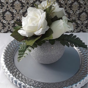 Silver Glitter Bowl Vase White Roses Centerpiece! Glamorous Cute|Decorations Glam