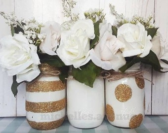 Glitter Mason Jar Set, Glam Decor, Glitter Jar, White Floral, Gold Glitter, Decorations, Centerpiece, Rose Decor, Glitter Rose
